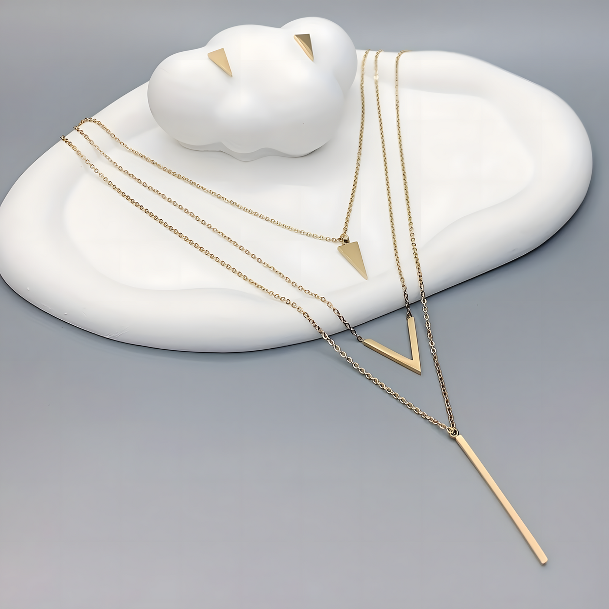 Women Stainless Steel Geometric Pendant Jewellery Set 3 Layer Gold Necklace 675