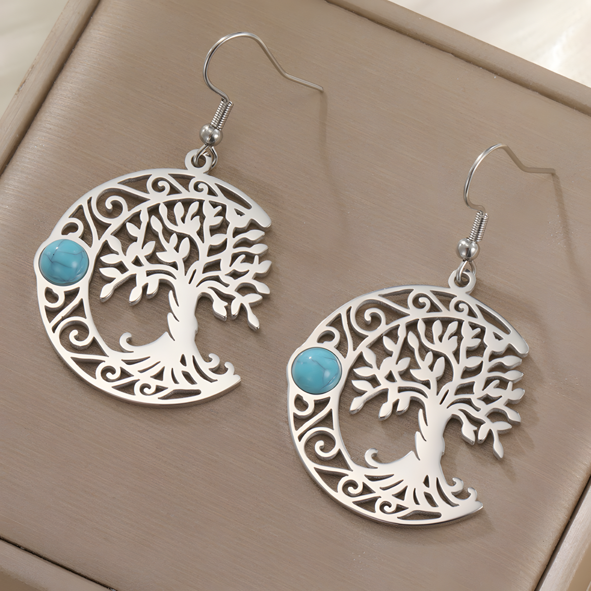 Filigree Tree of Life Dangle Earrings for Women, Crescent Moon Earrings B171