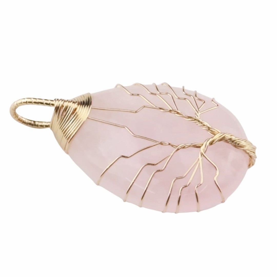 Gold Pink Crystal Tree Of Life Pendant Necklace For Women Oval Gemstone 1343