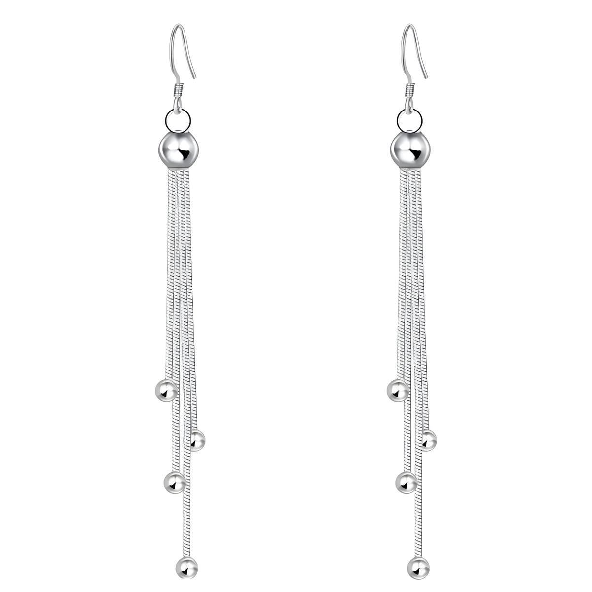 925 Sterling Silver Multi-Layered Long Chain Drop Earrings with Ball Beads 327