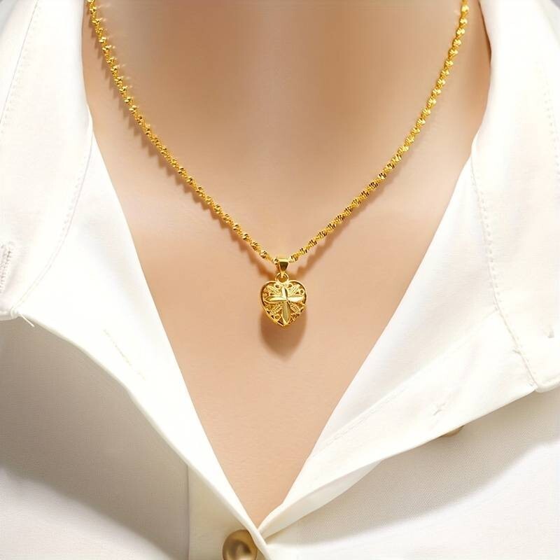 24K Gold Plated Brass Heart Pendant Necklace for Women, Vintage Style, Peach 126
