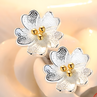 Silver Plated Flower Stud Earrings with Gold Ball Centre for Women 483