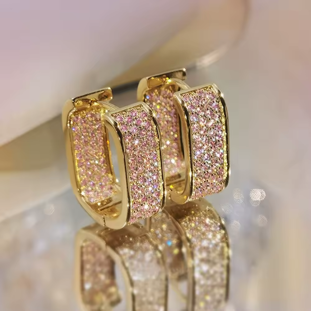 Double Circle Hoop Earrings For Women Gold Pink Zircon Micro Pave Sparkle 1369