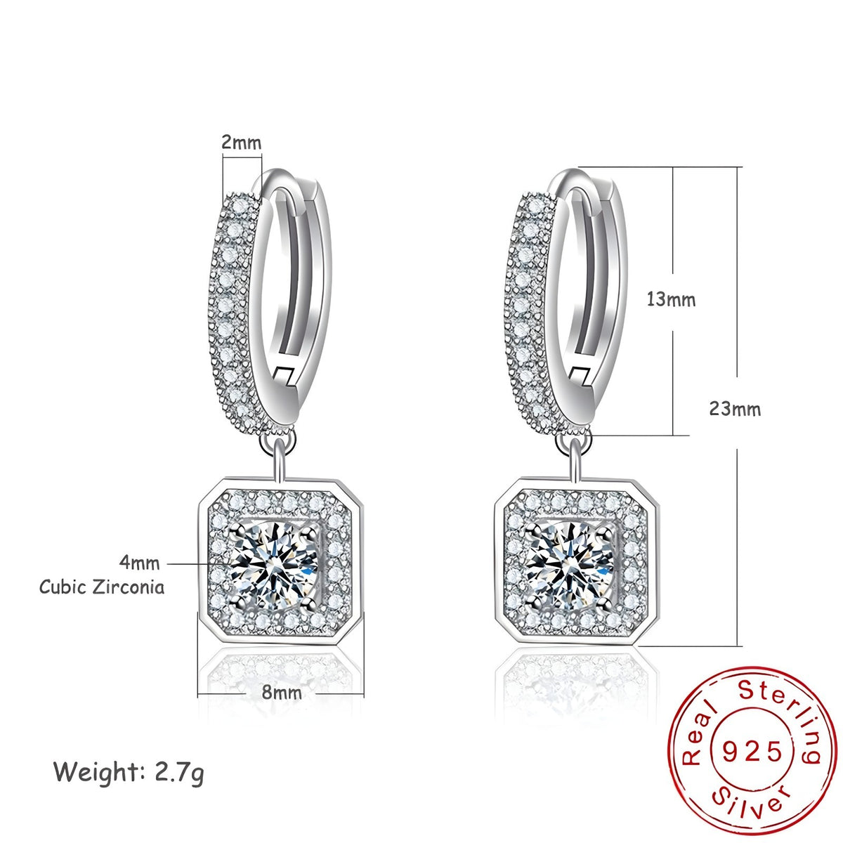 Sterling Silver Square Drop Hoop Earrings Cubic Zirconia Halo Elegant Dangle 345