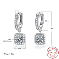 Sterling Silver Square Drop Hoop Earrings Cubic Zirconia Halo Elegant Dangle 345