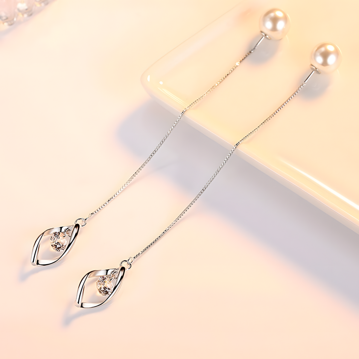 Elegant Pearl Threader Earrings Women Long Drop Chain Earrings Cubic Zircon 1022