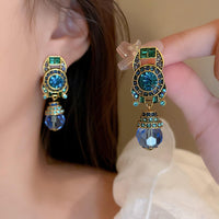 Vintage Blue Water Drop Crystal Clip Earrings Women Round Rhinestones Earing 733