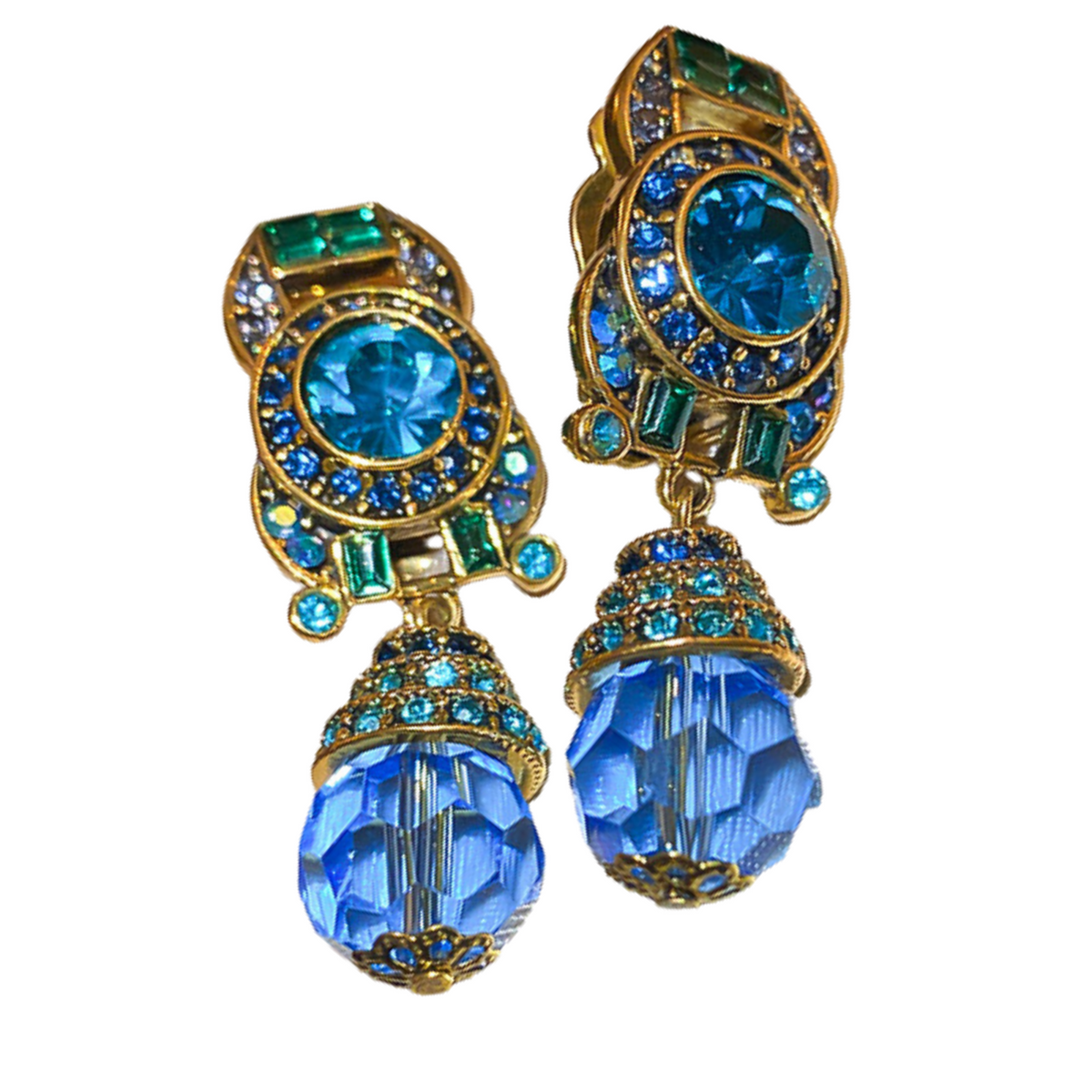 Vintage Blue Water Drop Crystal Clip Earrings Women Round Rhinestones Earing 733