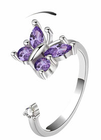 Butterfly Spinner Ring Silver Tone Adjustable Open Ring with Purple Crystal 1589