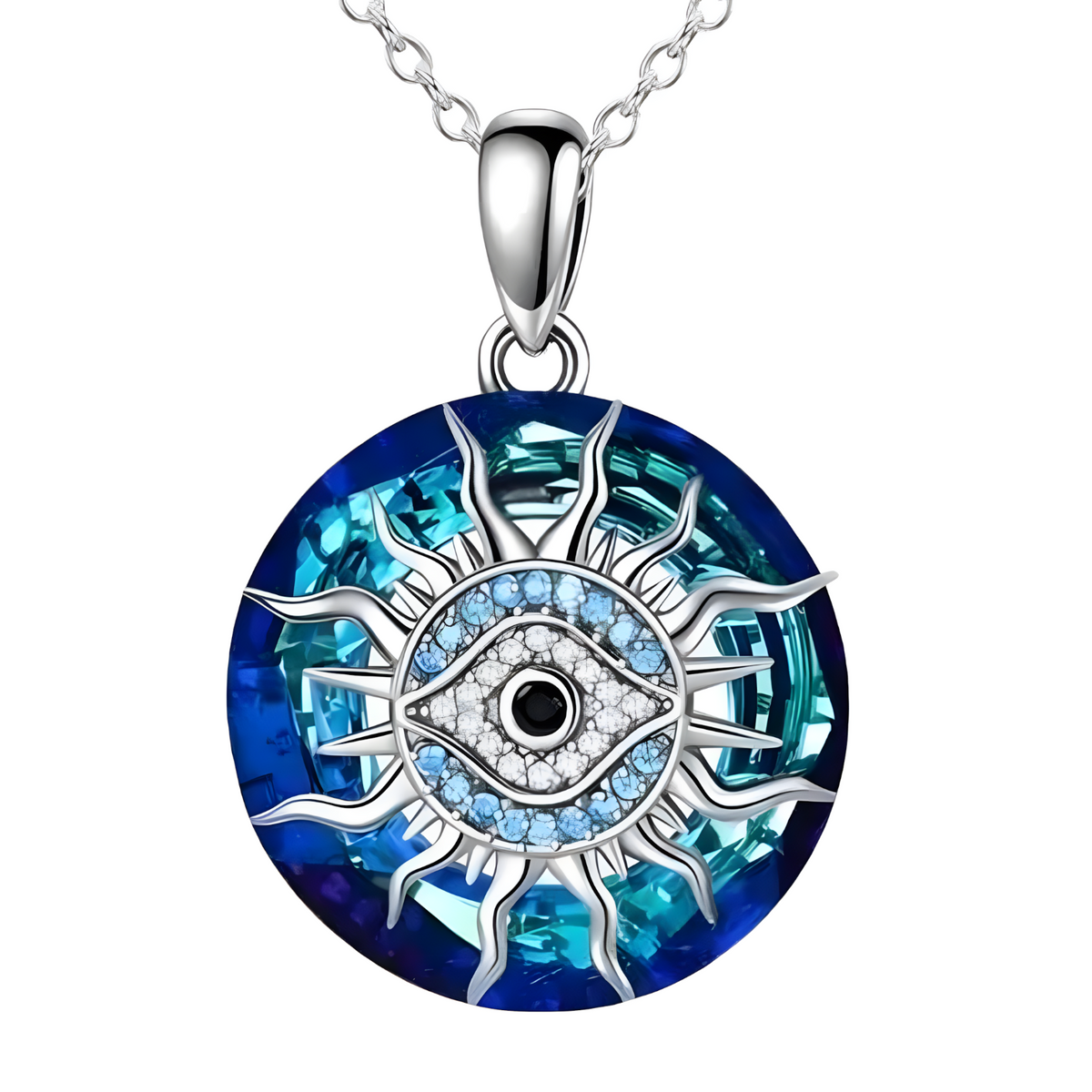 Blue Evil Eye Pendant Necklace For Women - Round Sunburst Eye Charm Chain 1789