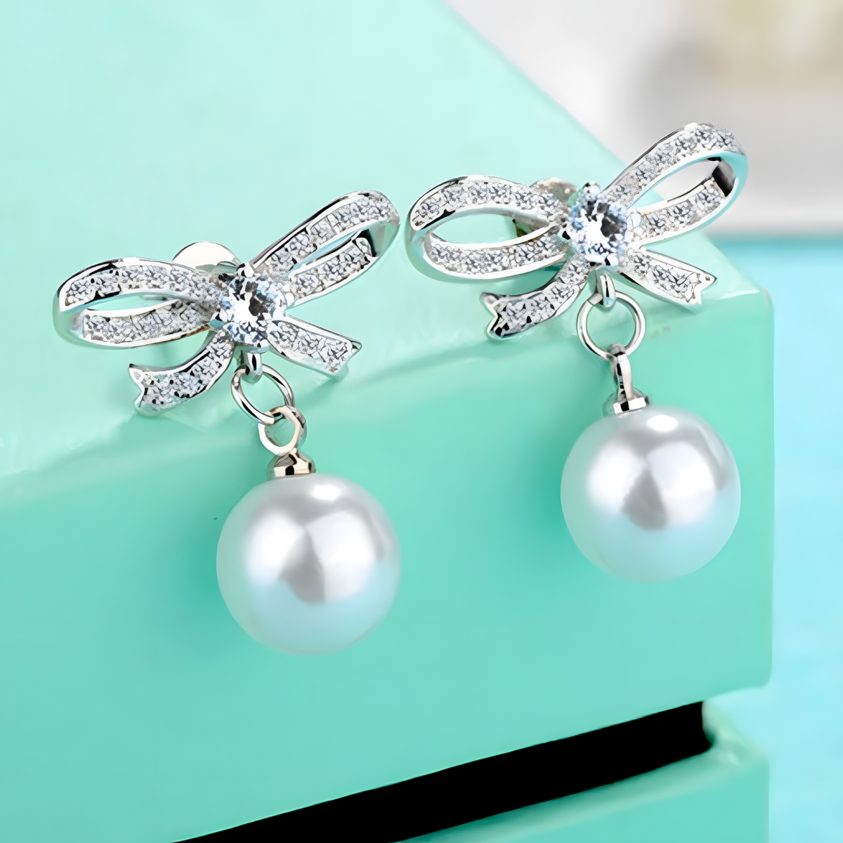 925 Sterling Silver Crystal Bow Pearl Drop Earings Dangle Earrings, Elegant 324