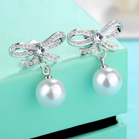 925 Sterling Silver Crystal Bow Pearl Drop Earings Dangle Earrings, Elegant 324