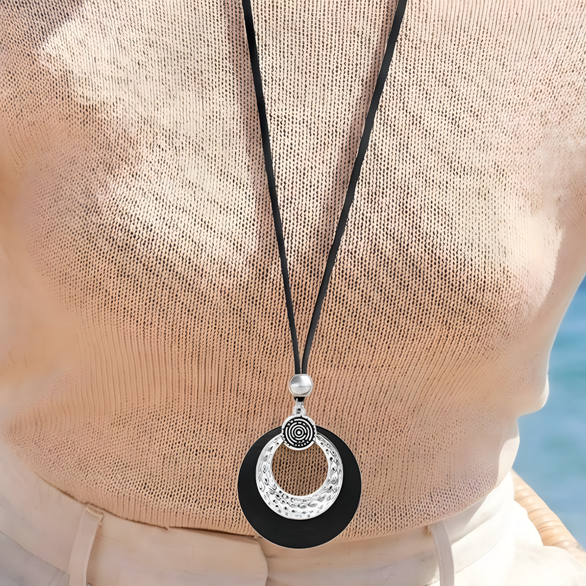 Boho Hammered Hoop Jewellery Set Women, Black Cord Round Pendant Necklace 1709