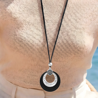 Boho Hammered Hoop Jewellery Set Women, Black Cord Round Pendant Necklace 1709