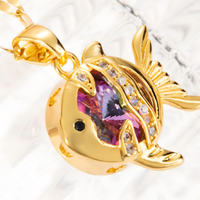 Stainless Steel Gold Colour Fish Pendant Necklace Women – Purple Crystal 1177