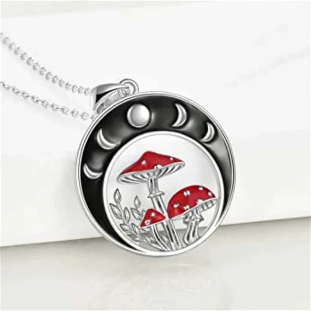 Moon Phase Mushroom Pendant Necklace Silver Plated Gothic Nature Charm B137
