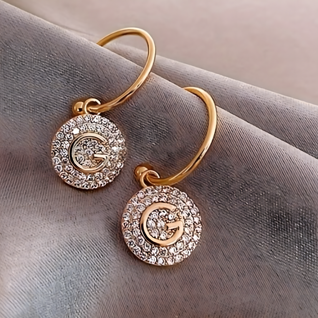 Gold G Letter Drop Earrings Women – Sparkling Round Crystal Dangle Earrings 688