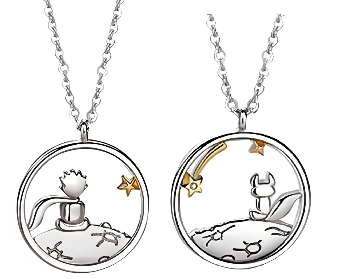 Zinc Alloy Little Prince & Fox Couple Necklace Set of 2 – Silver Tone  1090