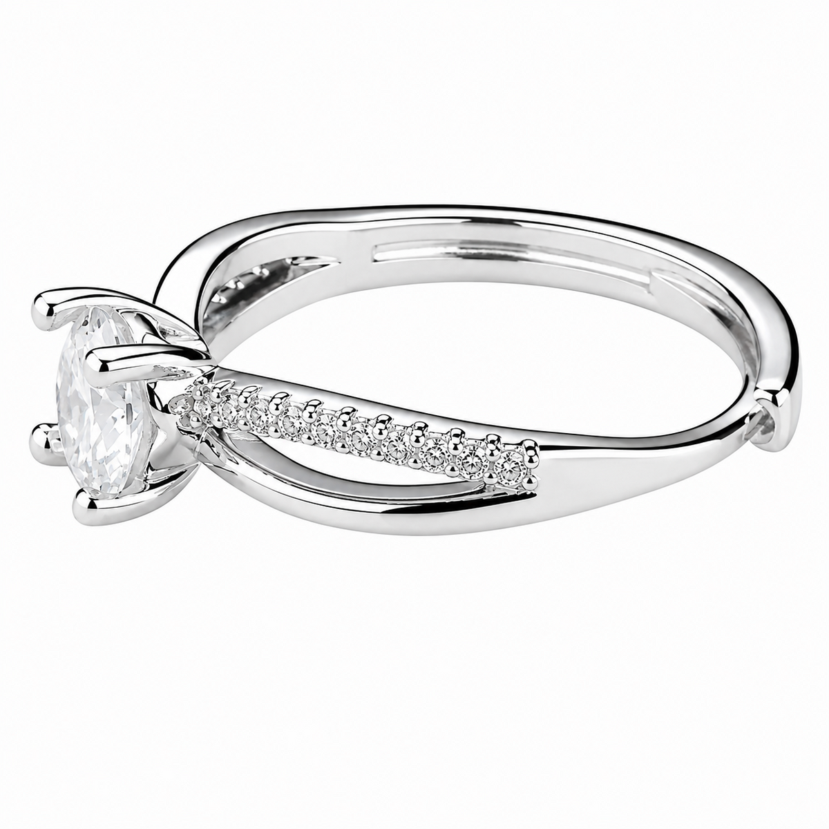 Adjustable Round Brilliant Zircon Engagement Ring, Silver Tone Twisted Pave 1655