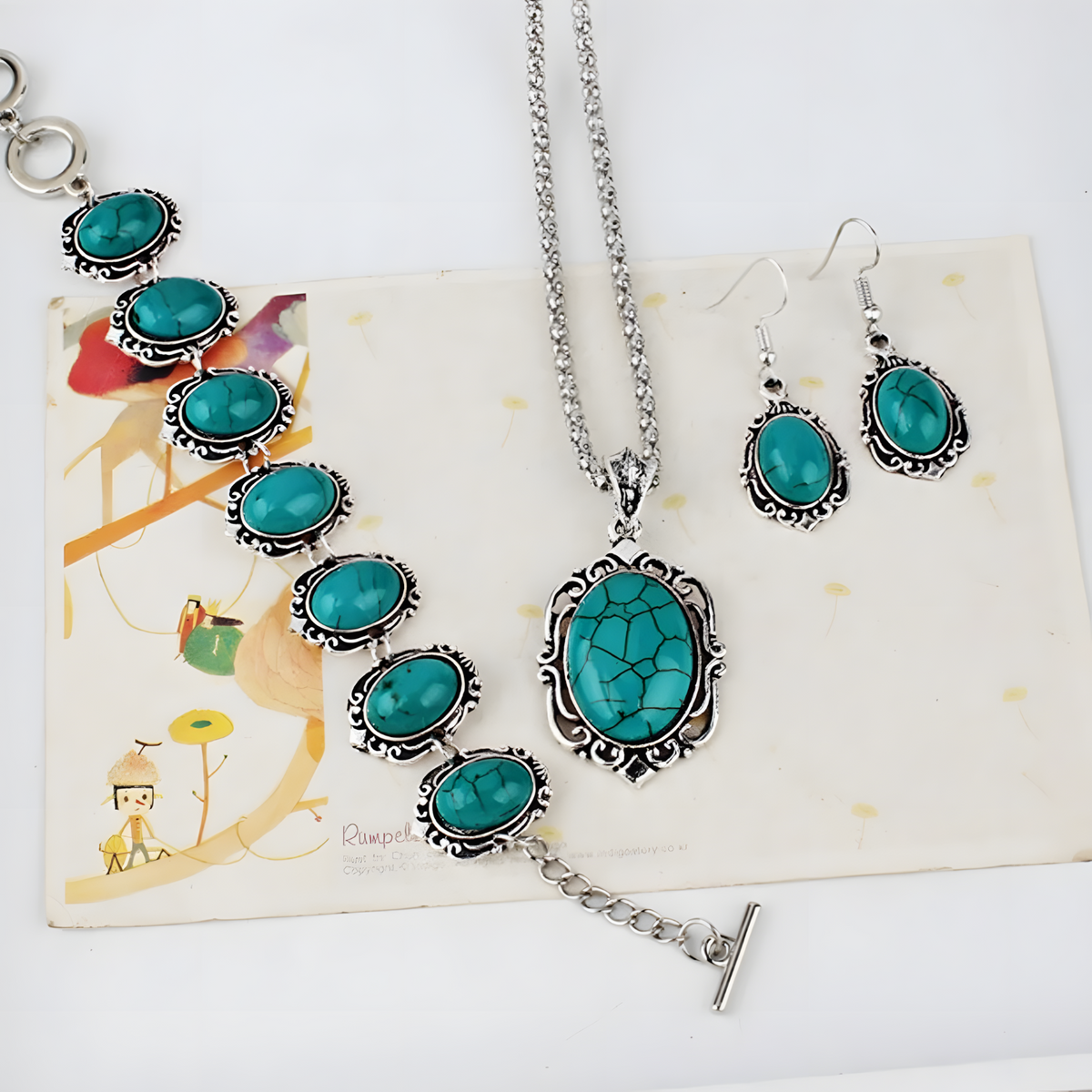 Vintage Turquoise Jewelry Set Women Necklace Bracelet Earrings Blue Stone B265