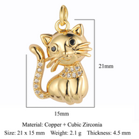 Cute Sitting Cat Charm Copper Cubic ZirconGold Plated Pendant Clear & Black 563