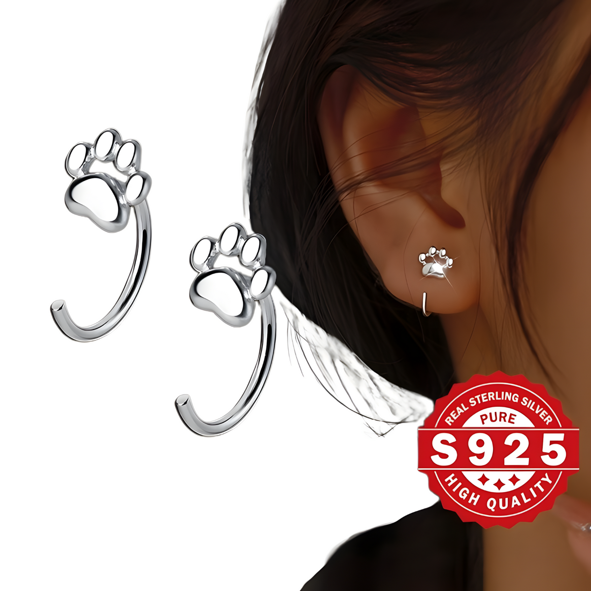 Fashion Silver Color Cat Paw Stud Earrings For Women Minimalist Metal Circle 508