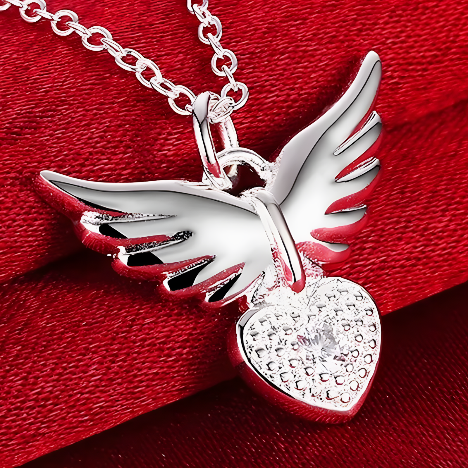 925 Sterling Silver Love Heart Angel Wing Zircon Pendant Necklace B43