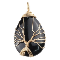 Gold Black Agate Tree Of Life Pendant Necklace For Women Oval Gemstone 1344