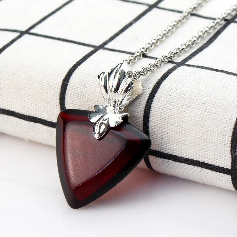 Red Heart Rose Pendant Necklace — Faceted Heart Crystal Center, Romantic 1319