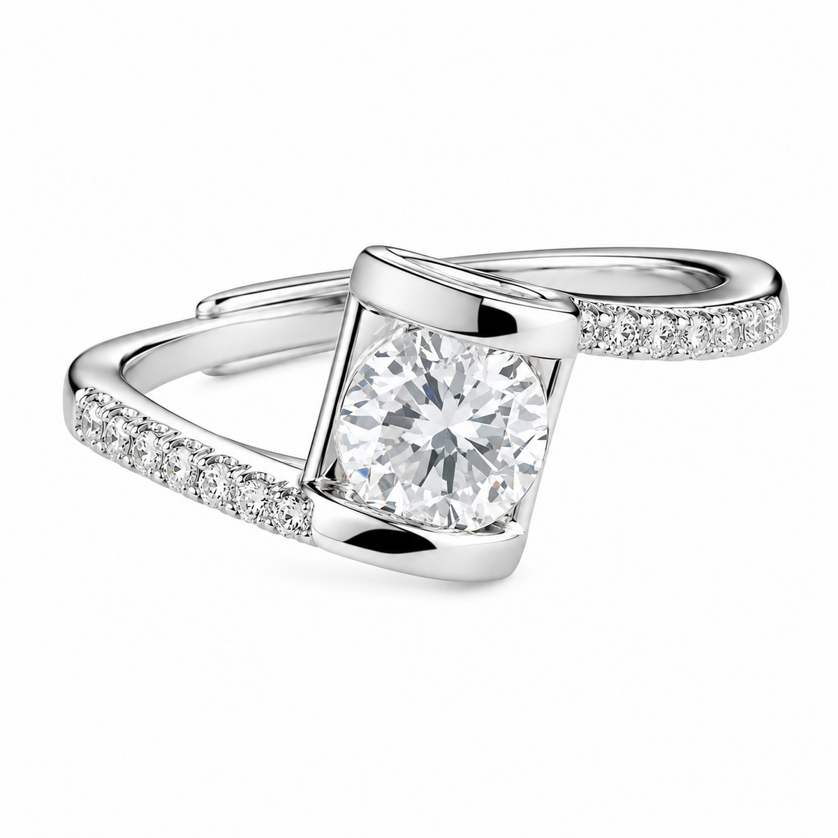 Women's Adjustable Heart Accent Zircon Engagement Ring, Round Brilliant 1635