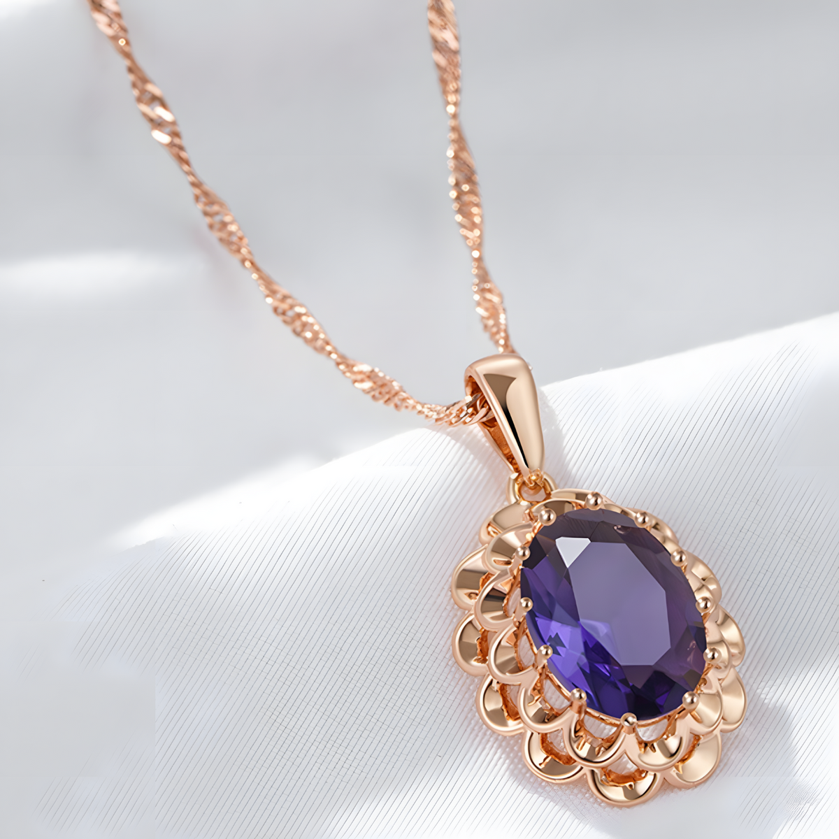 Purple Natural Zircon Pendant Necklace for Women, Copper Alloy Rose Gold 1294