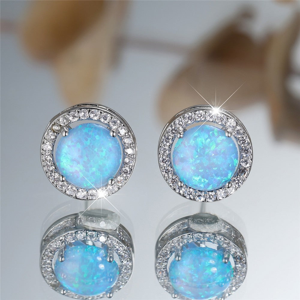 Blue Opal Stud Earrings for Women – Round Halo Cubic Zirconia Design, Copper 999