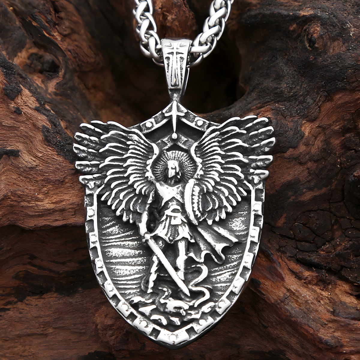 St Michael Angel Wings Shield Pendant Necklace for Men Viking Archangel 1388