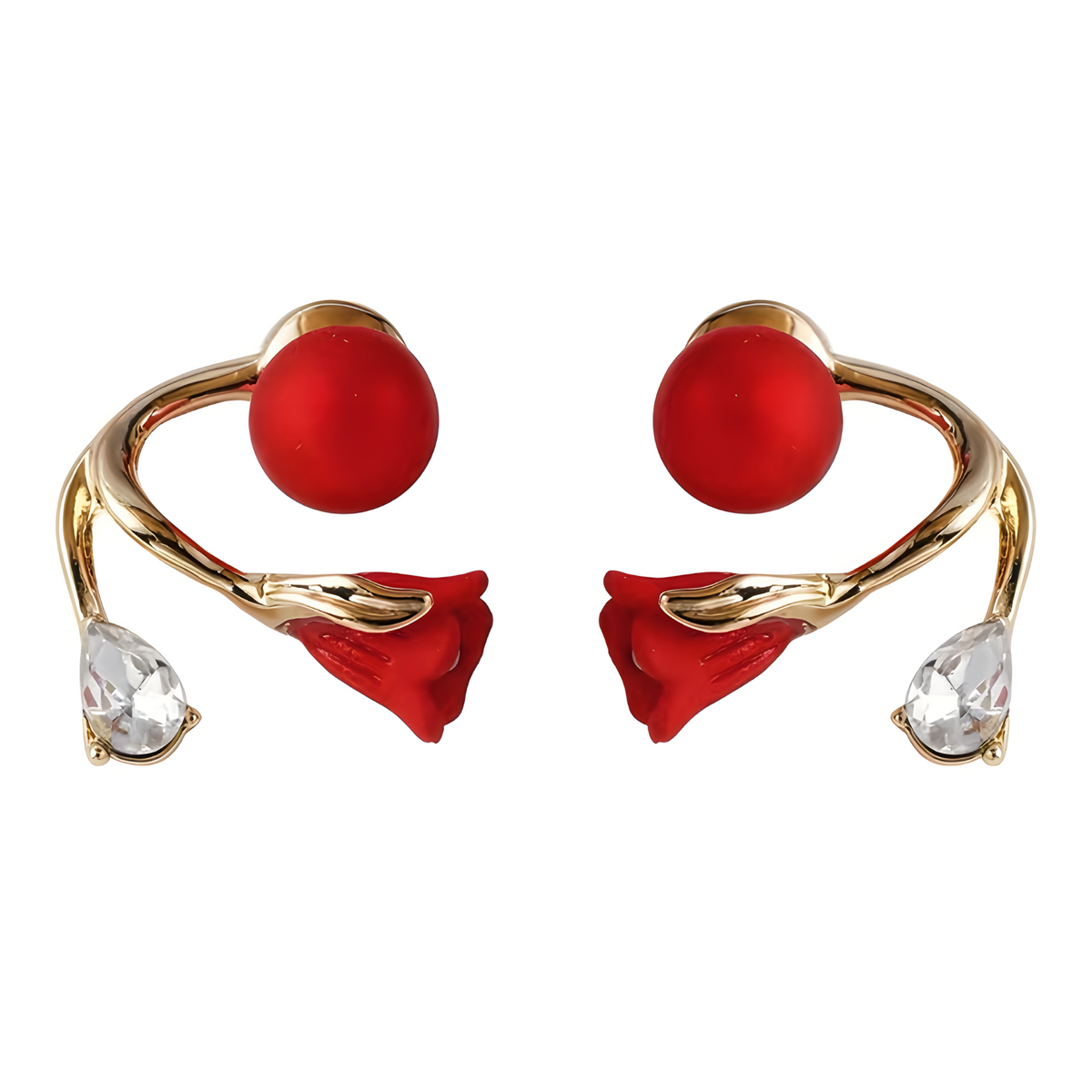 Red Rose Flower Stud Earrings for Women – Gold-Tone Crystal Plant Design 817