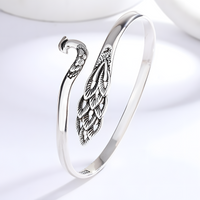 Adjustable Peacock Feather Cuff Bracelet Silver Tone Rhodium-Plated 13g 1442