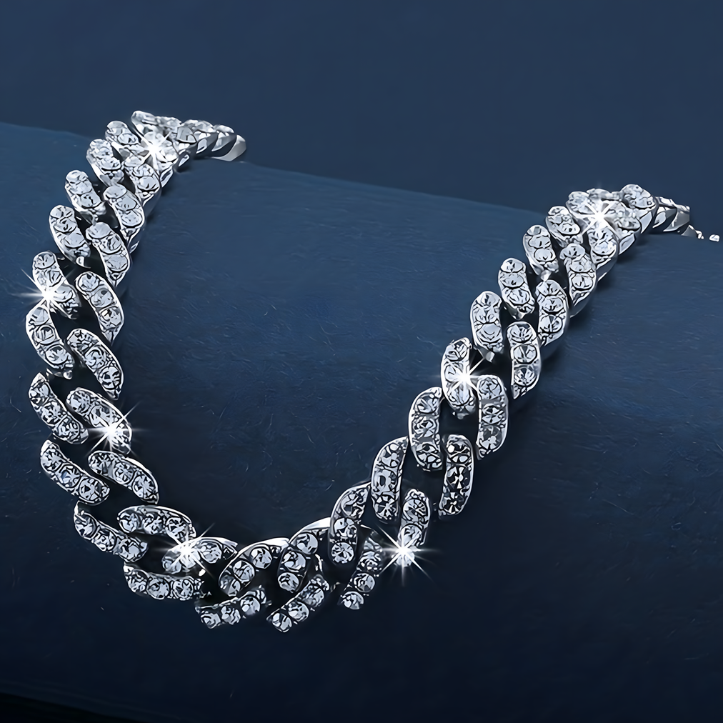 Silver Cuban Link Bracelet Women Iced  Rhinestone Chain Bracelet Adjustable 695