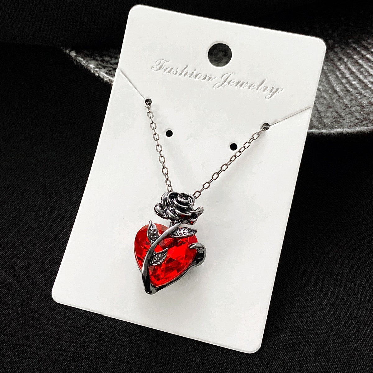 Womens Red Heart Rose Pendant Necklace-Black Rhodium-Plated Alloy, Faceted 1315