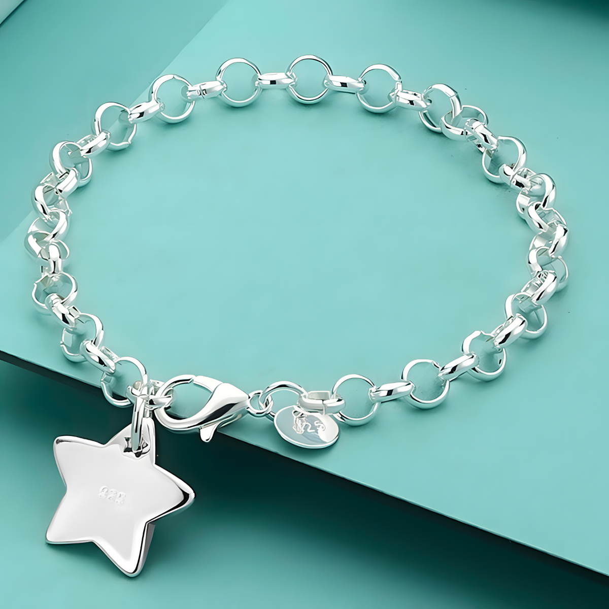 925 Silver Star Charm Bracelet For Women Link Chain Lobster Clasp Celestial 1779