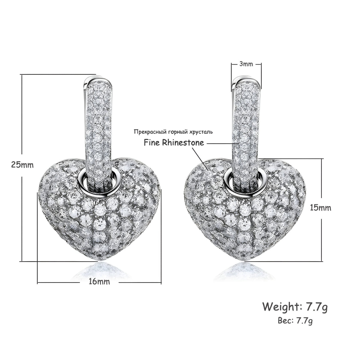 Sparkling Heart Drop Earrings Fine Rhinestone Embellishments - 925 Sterling 331