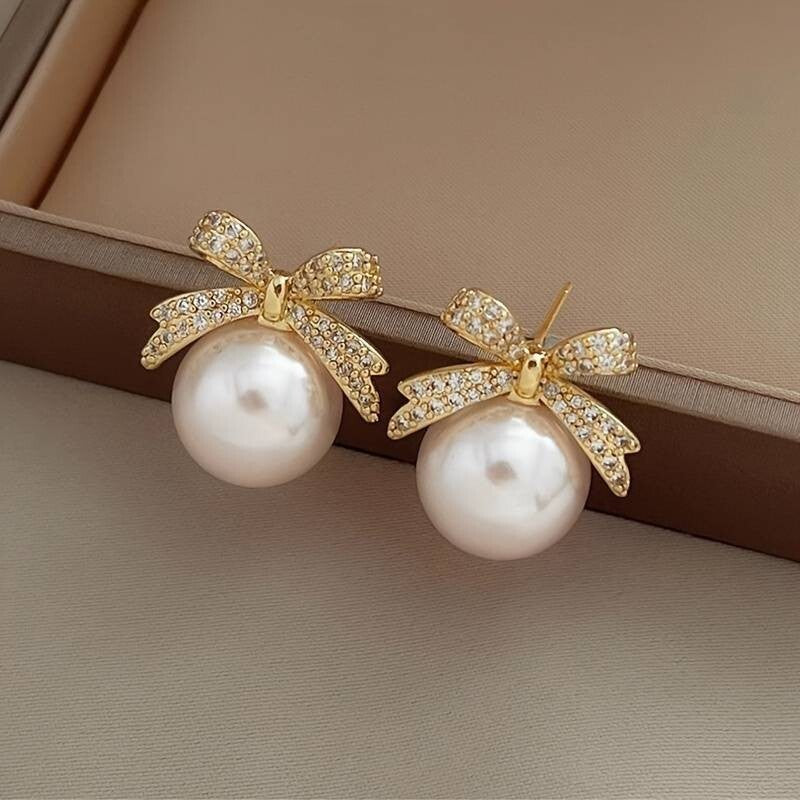 Shiny Rhinestone Inlaid Bow Faux Pearl Decor Dangle Earrings Elegant Style 54 UK