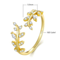 Sterling Silver Leaf Ring(Adjustable)Open Leaf Branch Ring with Cubic Zircon 392