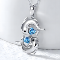 Sterling Silver Plated Double Dolphin Kiss Necklace for Women Romantic Blue B178