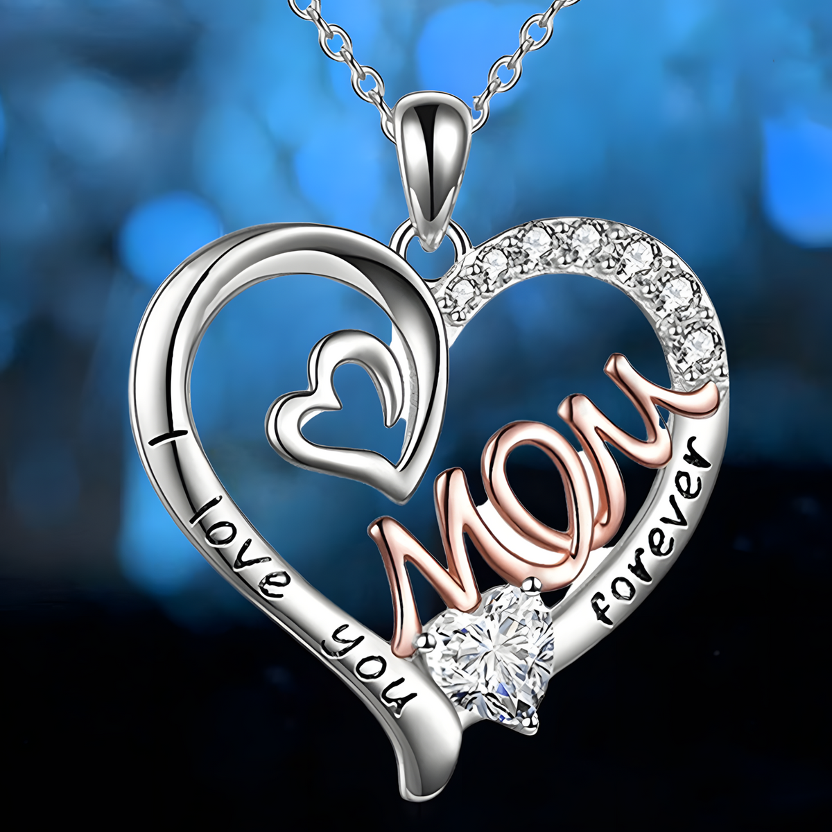 Mothers Heart Necklace Two-Tone 'I Love You Mom Forever' Pendant White Gold B174
