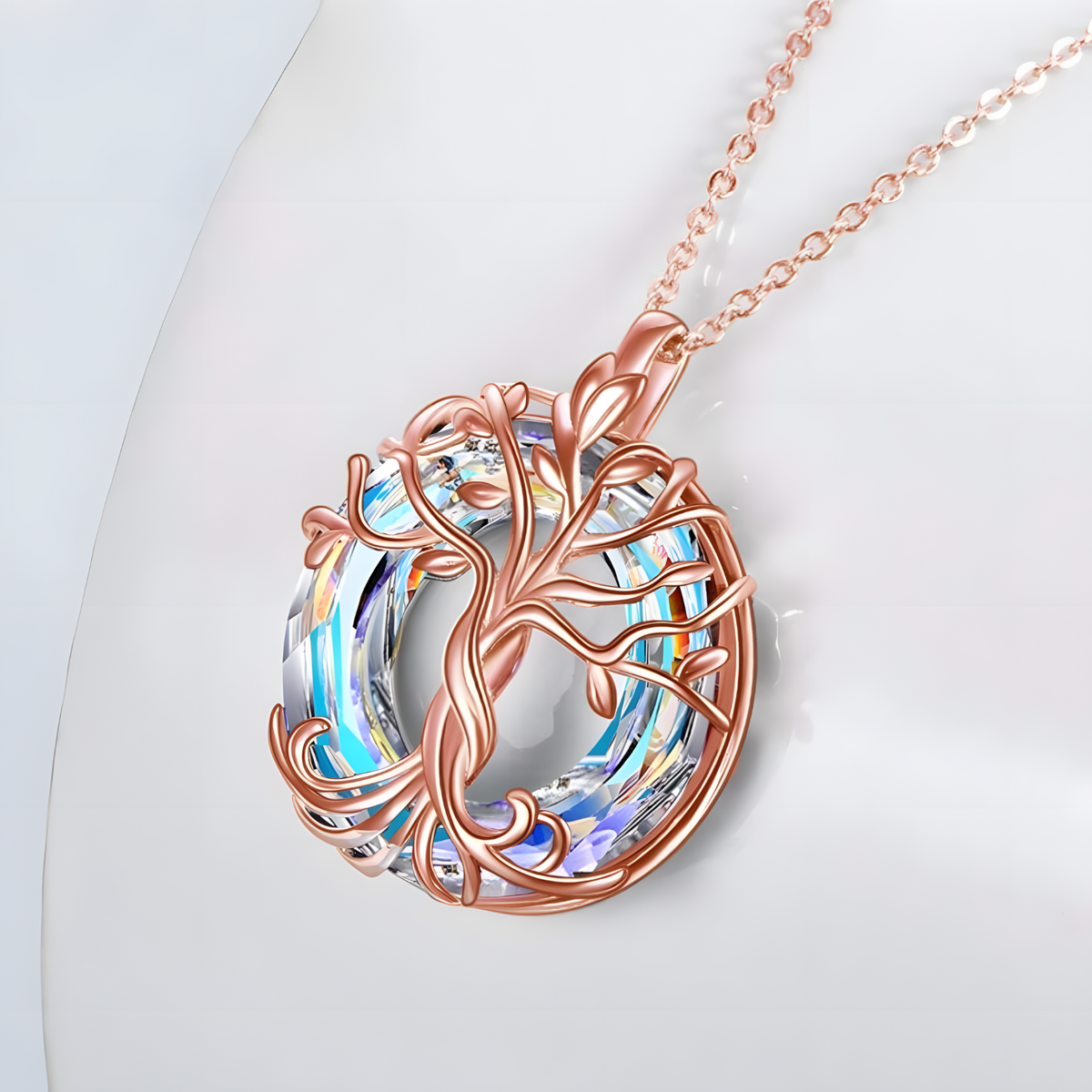 Rose Gold Celtic Tree of Life Necklace with Iridescent Crystal | Family Love B79