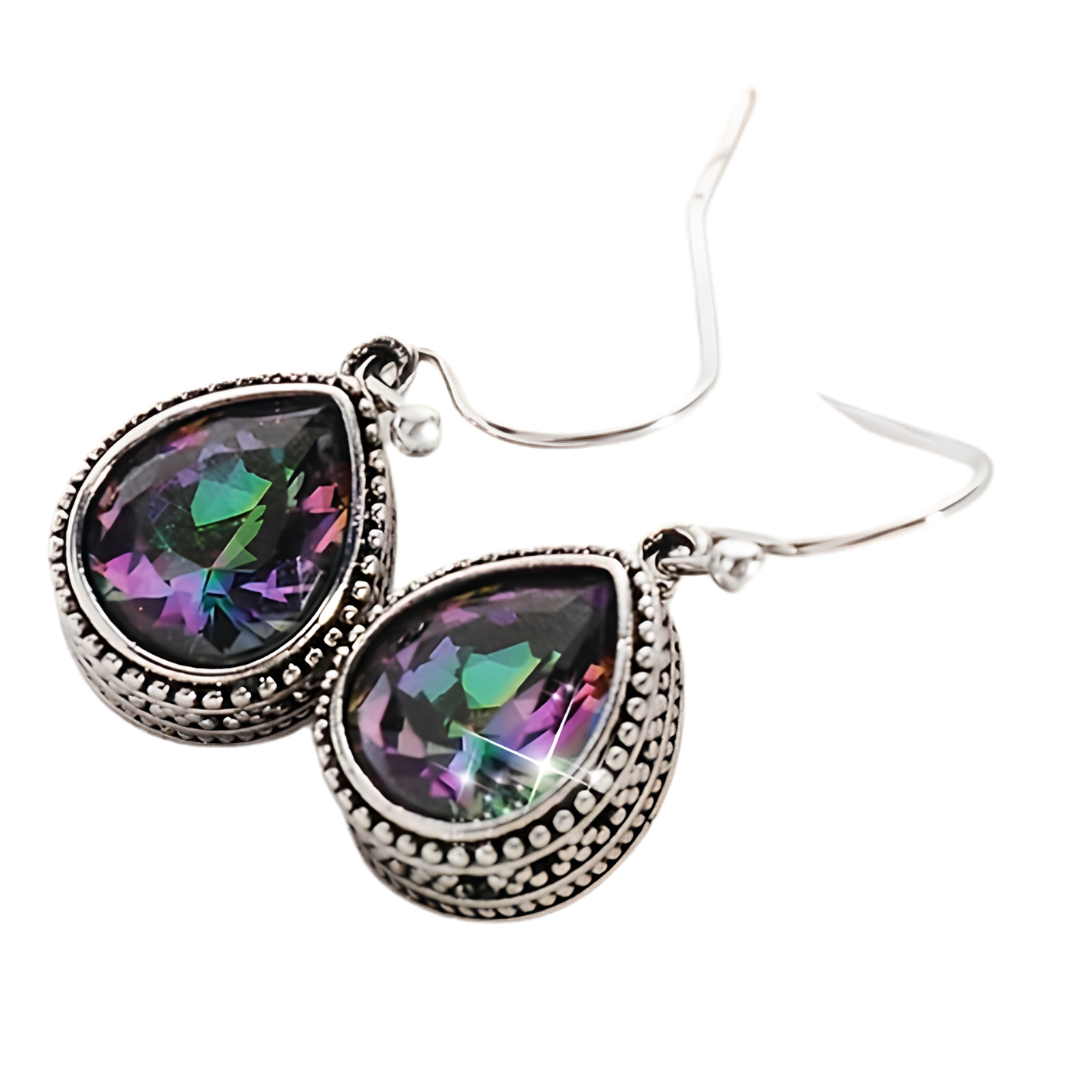 Teardrop Crystal Earrings For Women, Silver Tone Vintage Beaded Drop Dangle B352