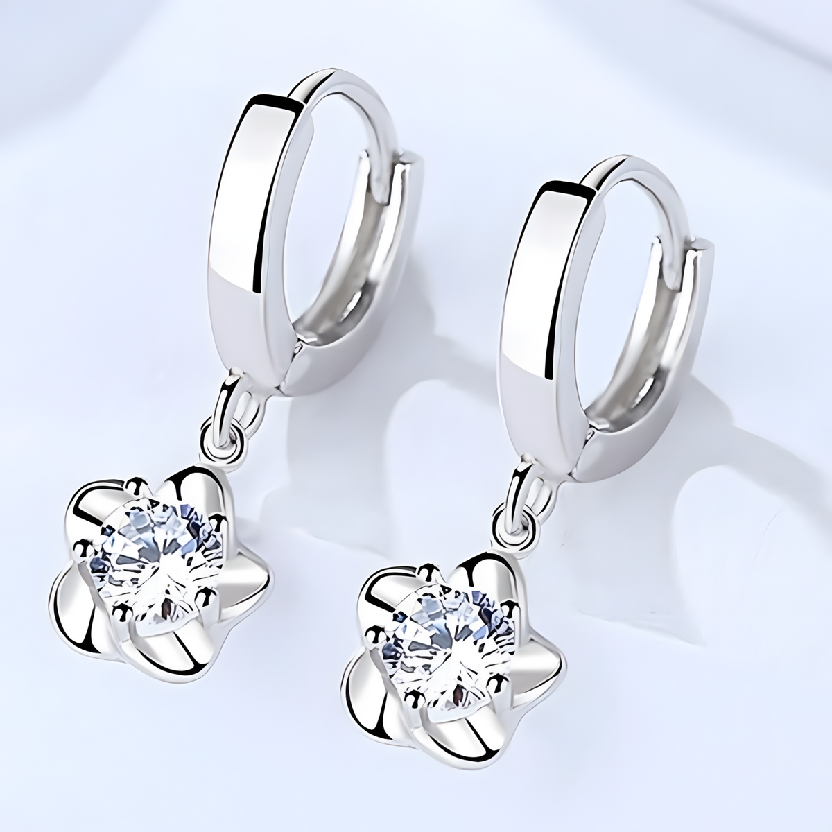 925 Sterling Silver Flower Drop Earrings Women Platinum-Plated Hoop Design 819
