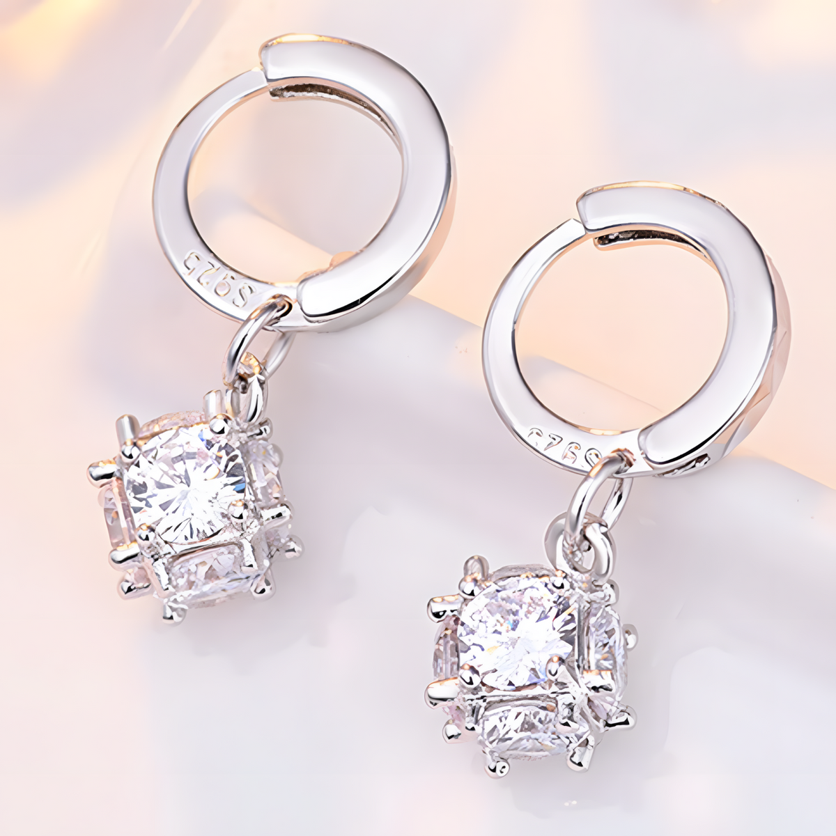 925 Silver Hoop Earrings for Women Geometric Cube Drop Design Cubic Zirconia 915