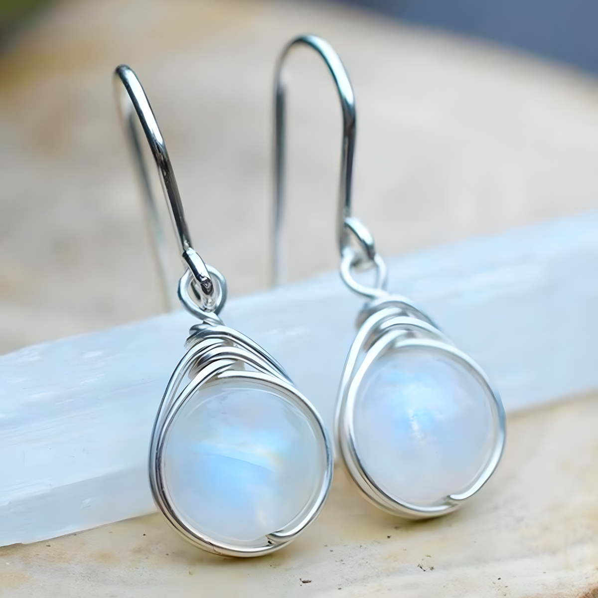 Moonstone Teardrop Drop Earrings For Women - Rhodium-Plated Alloy Dangle 1459
