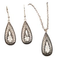 Vintage Water Drop Floral Carved Necklace and Drop Earrings Set, Teardrop 1723