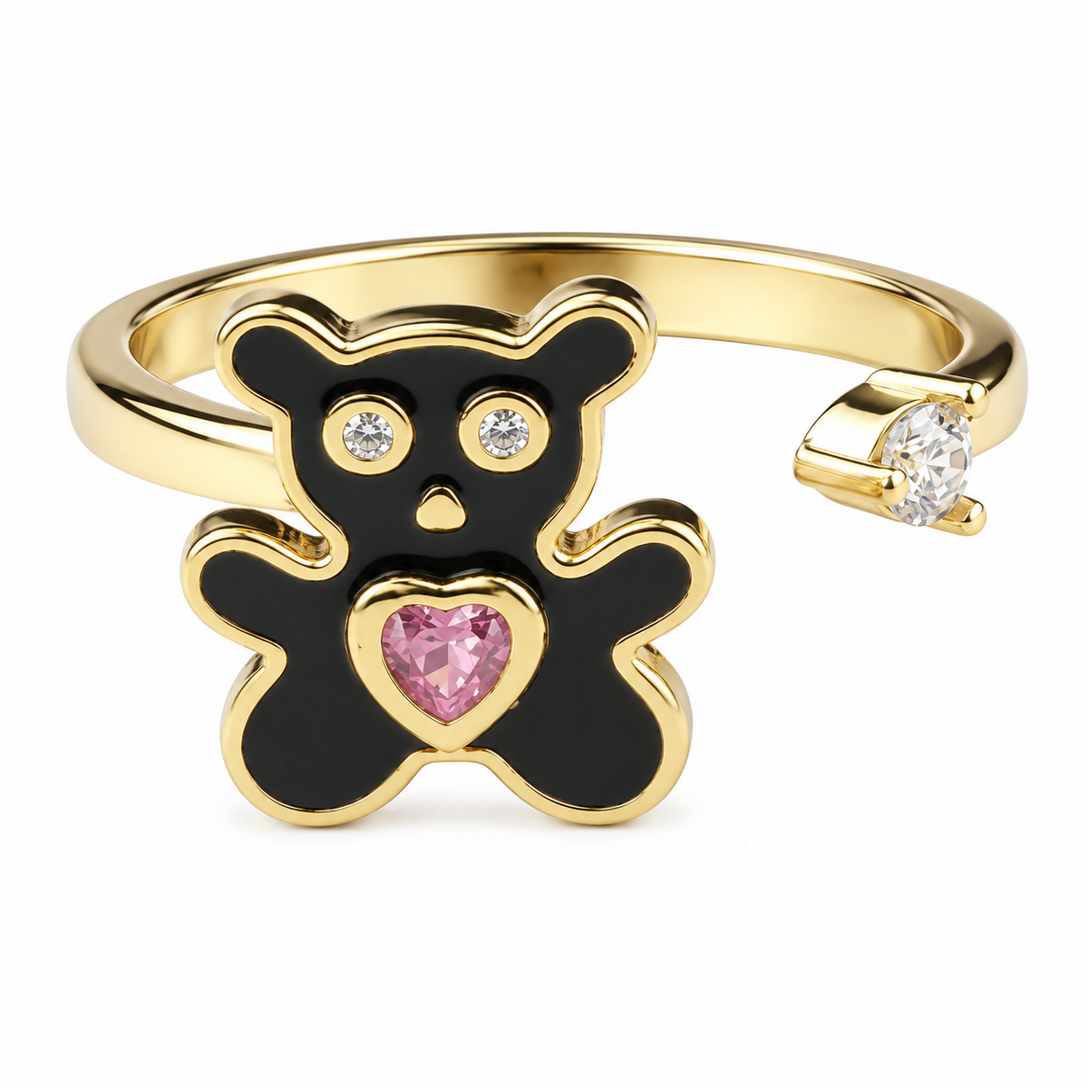 Teddy Bear Adjustable Open Ring Gold Tone Statement Ring with Black Enamel 1599